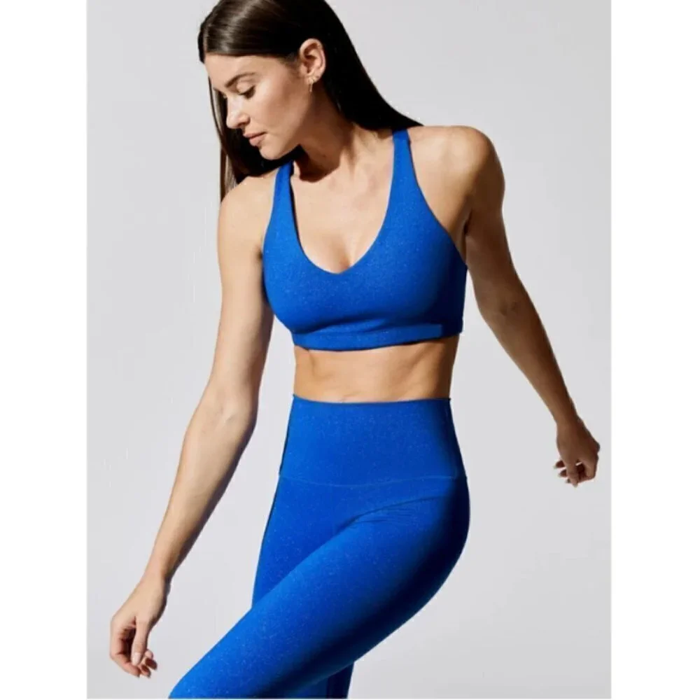 💕CARBON38💕 Shine Powder Set Cross Back Bra + 7/8 Legging Cobalt Blue Large NWT